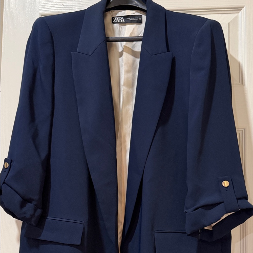 Zara Dark Navy Tailored Blazer with Gold Buttons